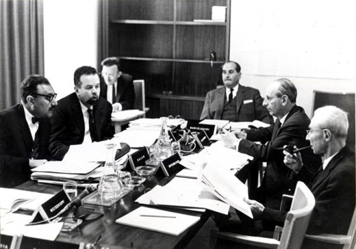 ICTP's first Scientific Council, IAEA, Vienna, 1964, chaired by R. Oppenheimer (right) - big