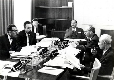 ICTP's first Scientific Council, IAEA, Vienna, 1964, chaired by R. Oppenheimer (right) - small